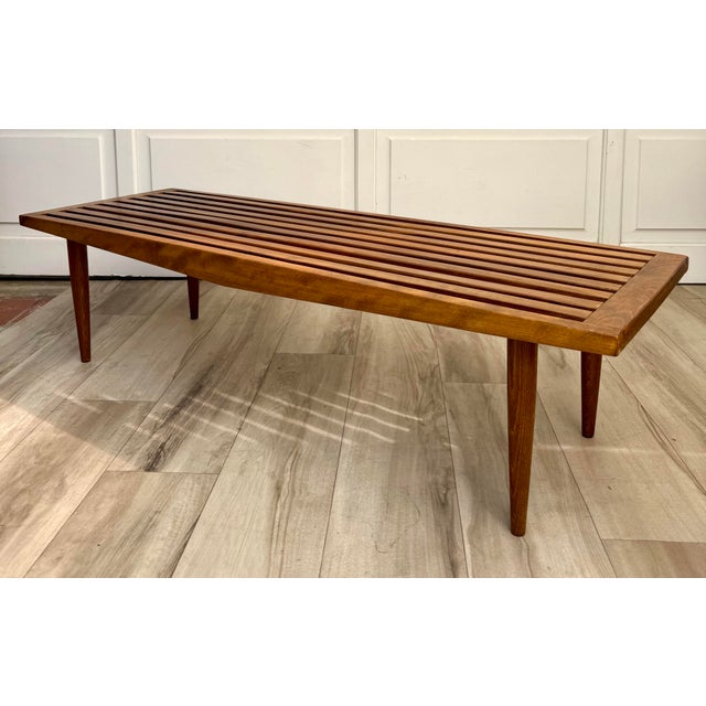 Vintage Scandinavian Modern Slatted Wood Bench Made in Yugoslavia For Sale - Image 10 of 13