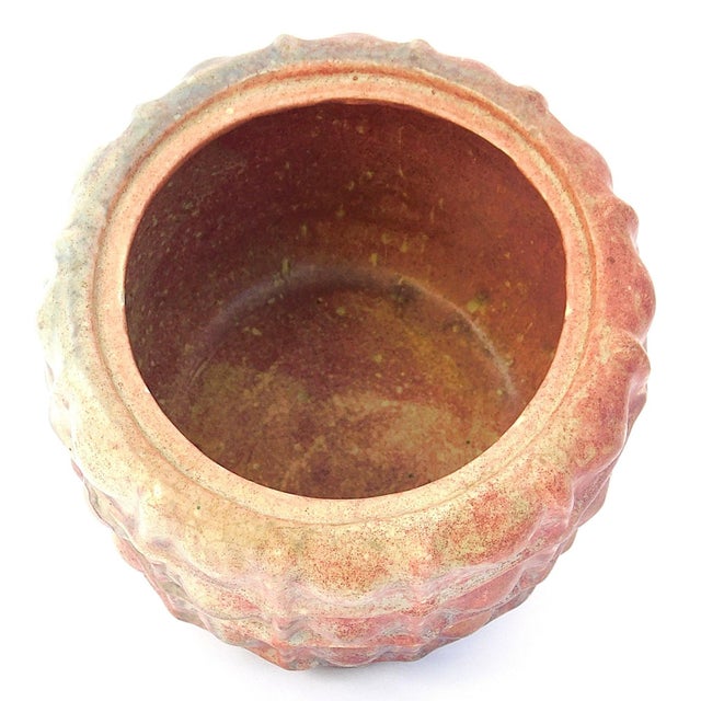 Studio Pottery Basket Form Lidded Jar, 20th C., with reddish hue matte glaze, wear consistent with age and use.