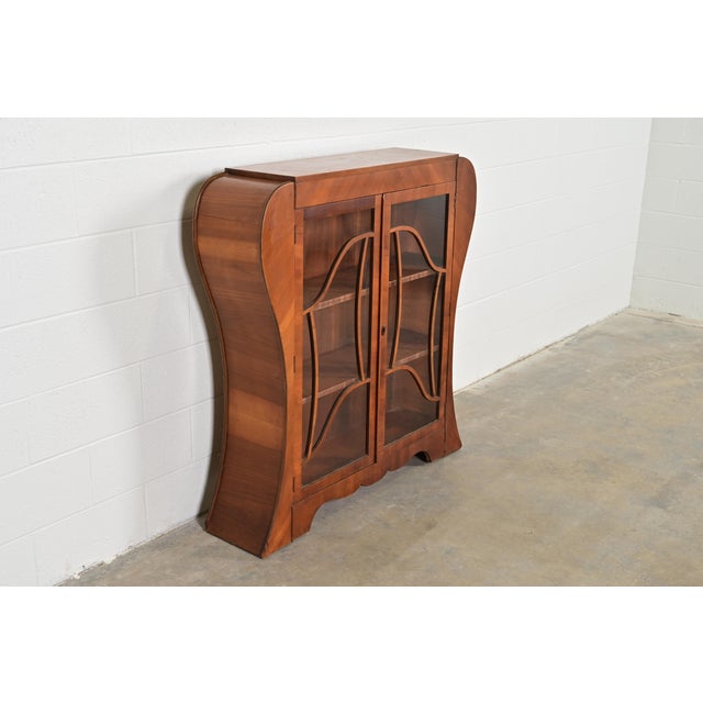 Gilbert Rohde Antique Art Deco Carved Walnut Bookcase or Display Cabinet, Circa 1920s For Sale - Image 4 of 11