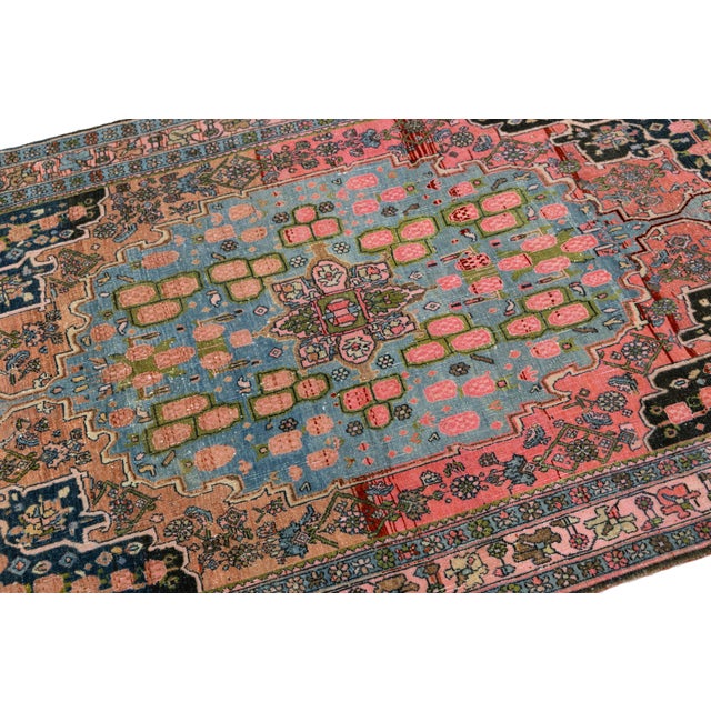 Traditional Antique Bidjar Area Rug With Medallion in Soft Rose and Cerulean Blue 4x5 For Sale - Image 3 of 9