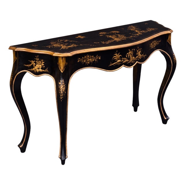 1960s Italian Black & Gilt Chinoiserie French Louis XV Style Console Table For Sale