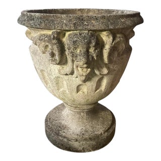 Vintage Neoclassical Cast Stone Garden Urn Planter With Lion Mascarons For Sale