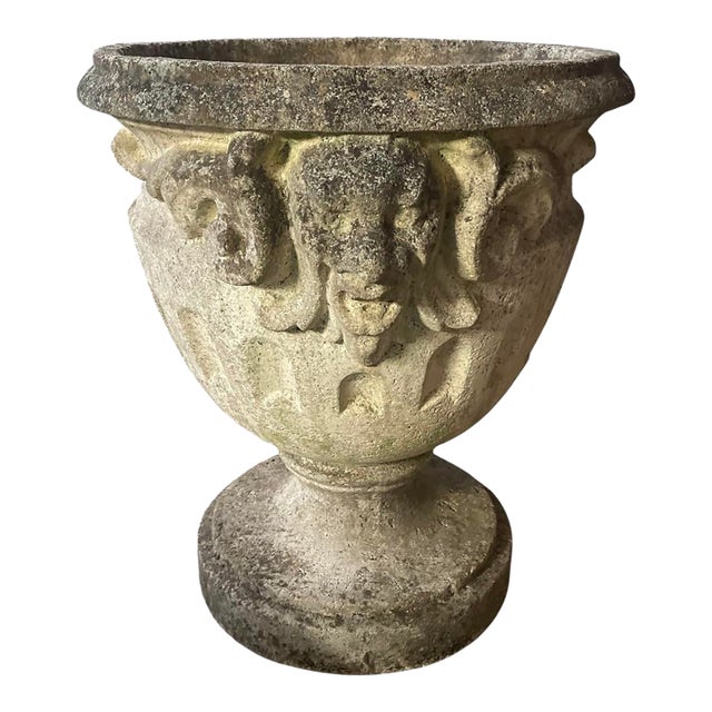 Vintage Neoclassical Cast Stone Garden Urn Planter With Lion Mascarons For Sale