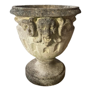 Vintage Neoclassical Cast Stone Garden Urn Planter With Lion Mascarons