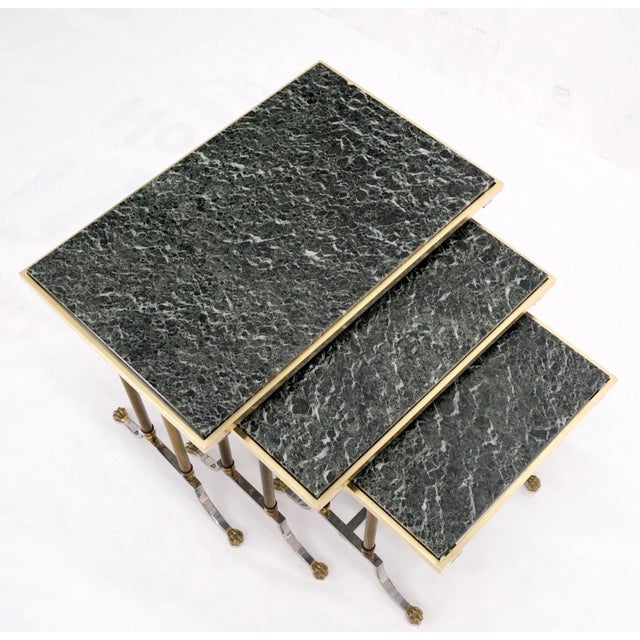 Mid 20th Century Set of 3 Very Fine Metal Work Brass Chrome Marble Top Nesting Side End Tables For Sale - Image 5 of 13