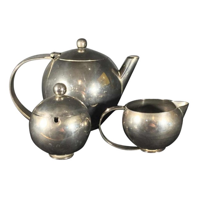 Art Deco Modernist Silver Metal Tea or Coffee Service, 1940s, Set of 3 For Sale