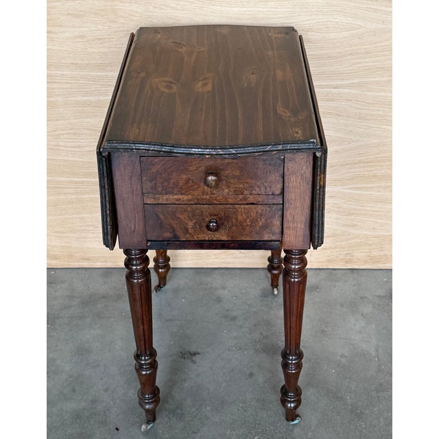 Mid 19th Century Victorian Wood Drop Leaf Side Table With Turned Legs and Wheels For Sale - Image 5 of 18