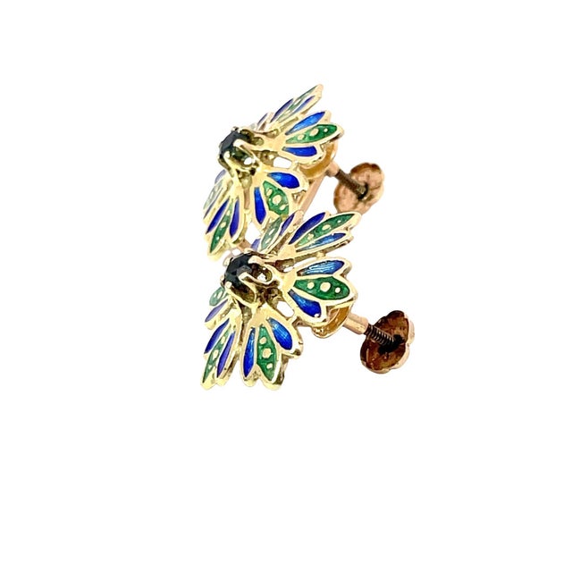 Art Deco Vintage 14k Yellow Gold Blue Sapphire & Blue/Green Enamel Flower Earrings, Pair For Sale - Image 3 of 5