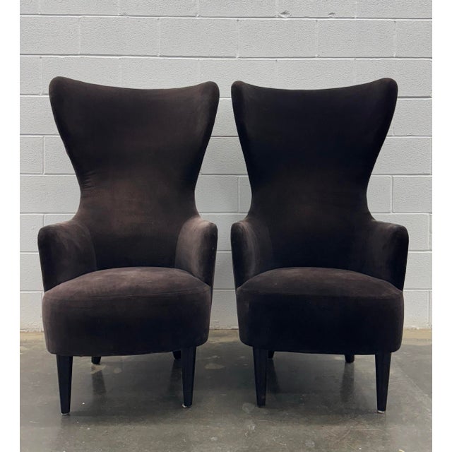 Tom Dixon for George Smith Wingback Chairs in brown mohair velvet fabric on black oak legs.