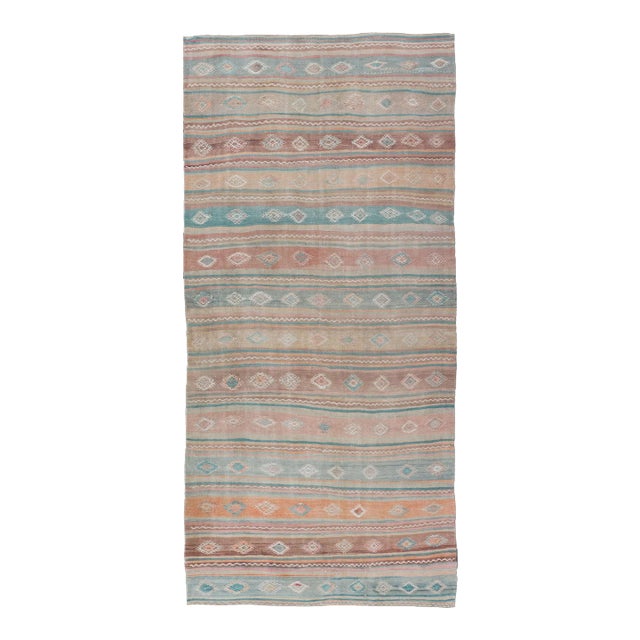 Mid 20th Century Mid 20th Century Vintage Turkish Gallery Kilim With Stripes and Tribal Motifs in Muted Tones For Sale
