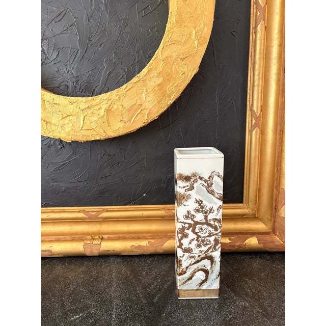 Vintage Mid-Century Japanese Hand-Painted Porcelain Square Sleeve Vase For Sale - Image 4 of 12