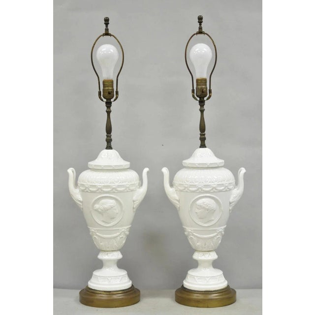 Antique Italian Neoclassical Greco Roman White Porcelain Urn Table Lamps - a Pair For Sale - Image 12 of 12