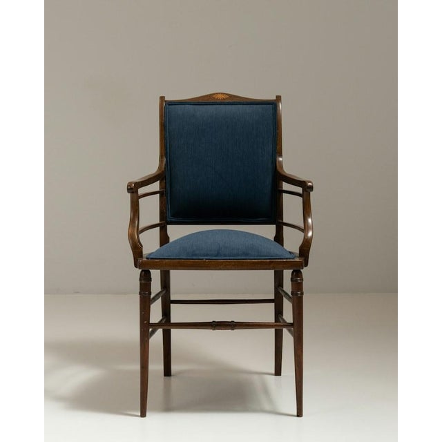 Late 19th Century 19th Century English Dark Wood Armchair With Navy Upholstery, Sunburst Inlay and Turned Legs For Sale - Image 5 of 16