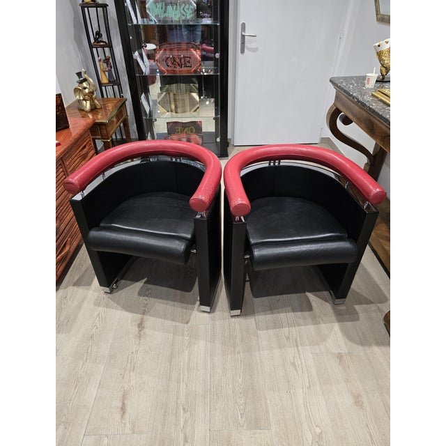 Armchairs in Black and Red Leather Chrome, 1980s, Set of 2 For Sale - Image 16 of 17