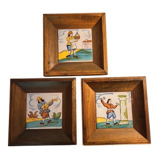 Late 20th Century Hand Painted Spanish Folk Art Tile in Wood Frames - Set of 3 For Sale