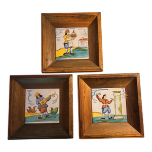 Late 20th Century Hand Painted Spanish Folk Art Tile in Wood Frames - Set of 3