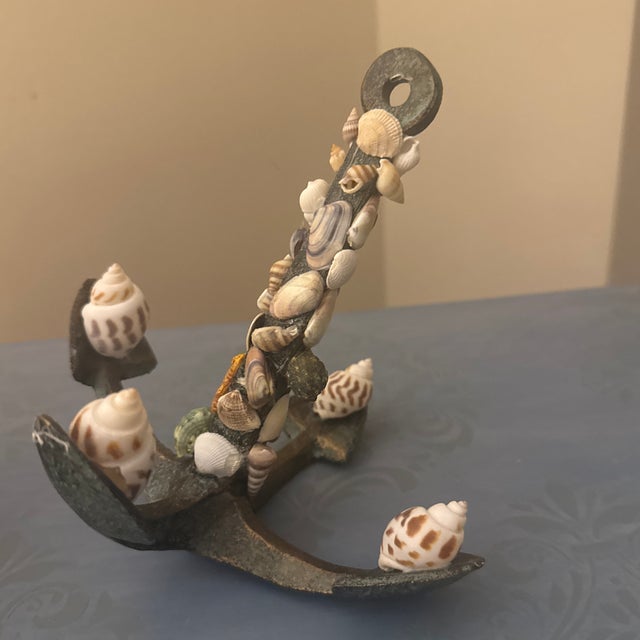 Metal Nautical Cast Metal Anchor Sculpture Adorned With Natural Seashells For Sale - Image 7 of 10