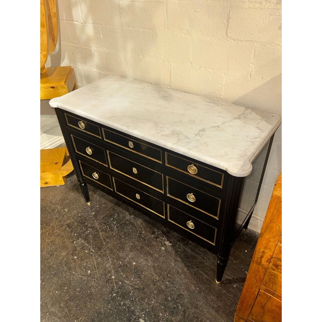 Vintage French Louis XVI Jansen Style Black Lacquered Chest For Sale - Image 4 of 13