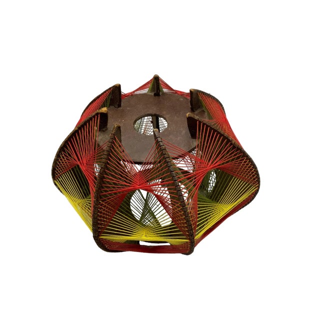 Wood Vintage String Art Pendant, Wood, Cotton in Orange/Red, Green, Yellow, 1970s For Sale - Image 7 of 9