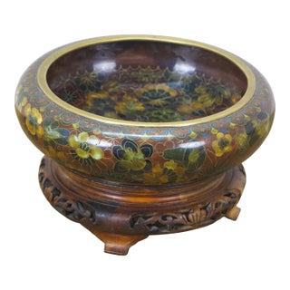 Mid 20th Century Chinese Cloisonne Enameled Brass Thousand Flowers Brush Bowl & Elm Stand For Sale