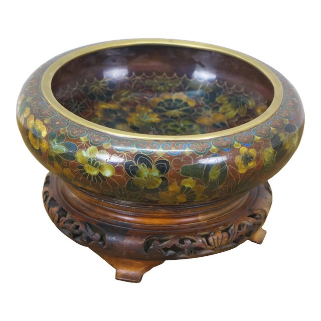 Mid 20th Century Chinese Cloisonne Enameled Brass Thousand Flowers Brush Bowl & Elm Stand For Sale