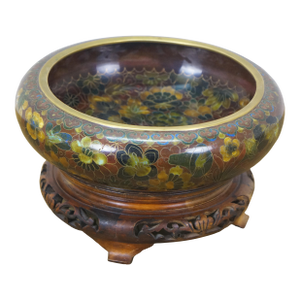 Mid 20th Century Chinese Cloisonne Enameled Brass Thousand Flowers Brush Bowl & Elm Stand