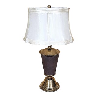 Vintage Brass & Faux Leather Table Lamp With Off‑White Silk Shade — 26.5" For Sale