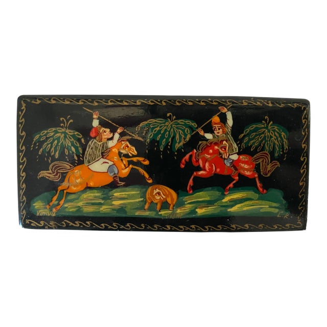 Vintage Russian Palekh Hand-Painted Lacquered Trinket Box, Hunting Scene For Sale