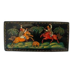 Vintage Russian Palekh Hand-Painted Lacquered Trinket Box, Hunting Scene