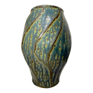 Tall Vintage Signed Handmade American Pottery Green Glaze Signed Vase Sculpture For Sale