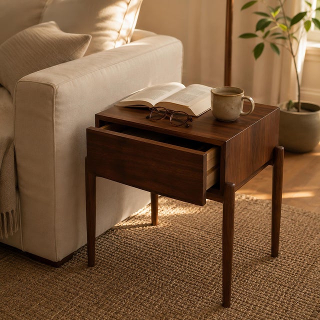 Brown Narrow Walnut Nightstand With Drawer, Solid Black Walnut Bedside Table, Handmade Small Side Table For Sale - Image 8 of 9