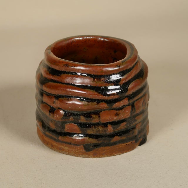 Hand-Thrown Sculptural Wabi Sabi Studio Stoneware Vessel With Iron Red and Charcol Glaze For Sale - Image 4 of 11
