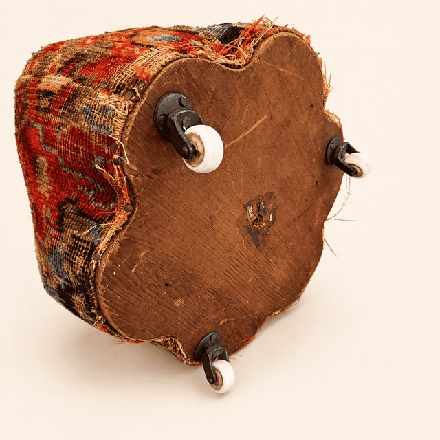 Red Late 19th Century Antique Oriental Carpet Footstool on Porcelain Casters For Sale - Image 8 of 9