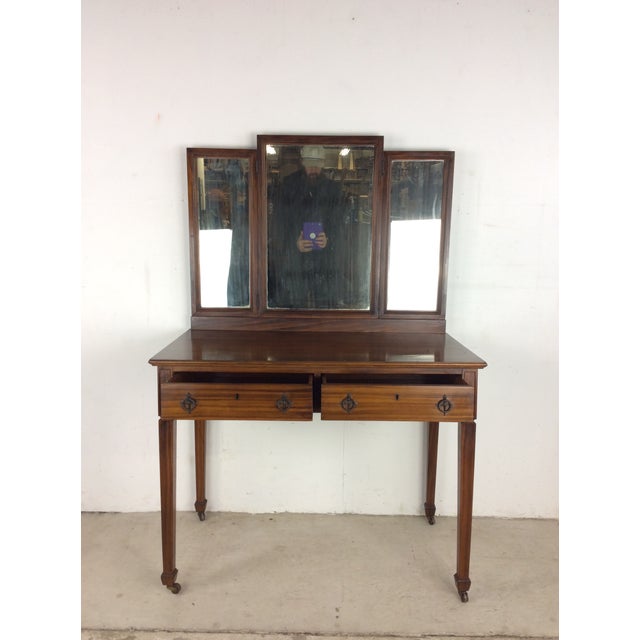 Antique Mahogany Mirrored Vanity With Locking Drawer & Caned Chair
