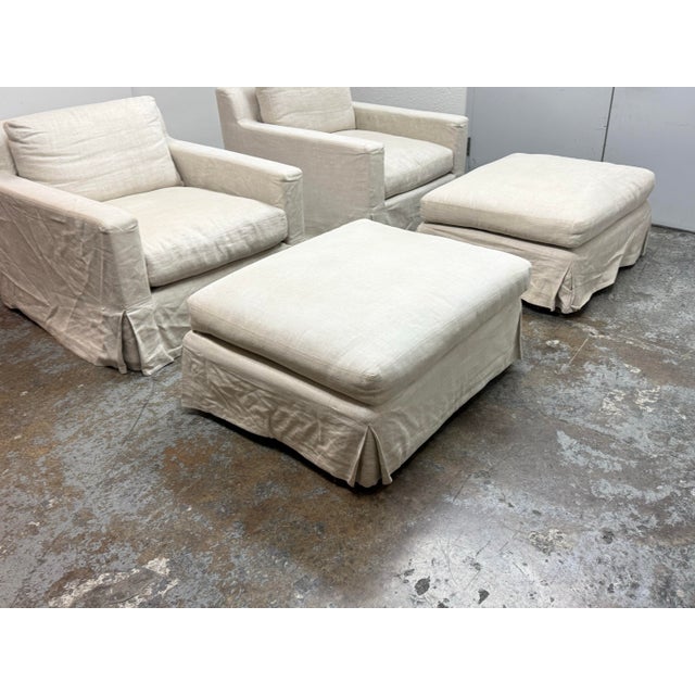 Restoration Hardware Slipcover Belgian Linen Shelter Armchairs + Ottomans, Set For Sale - Image 10 of 12