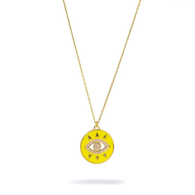 Contemporary Cheerful Neon Yellow Evil Eye & Diamond Pendant Gold Chain Necklace For Sale - Image 3 of 7