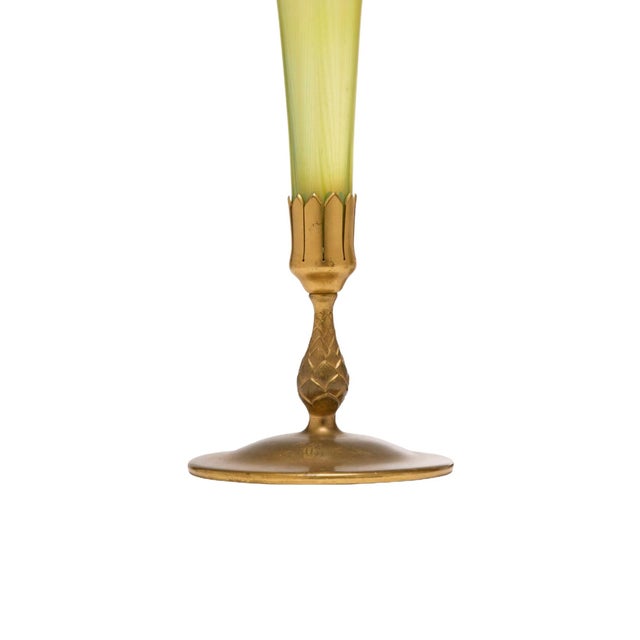 Art Nouveau 20th Century l.c. Tiffany Favrile Glass and Gilt Bronze Trumpet Vase, No. 1043 For Sale - Image 3 of 10