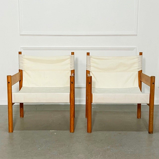 Michel Arnoult 60's Michel Arnoult attr. Sling Safari Beechwood and Canvas Armchairs - A Pair For Sale - Image 4 of 7