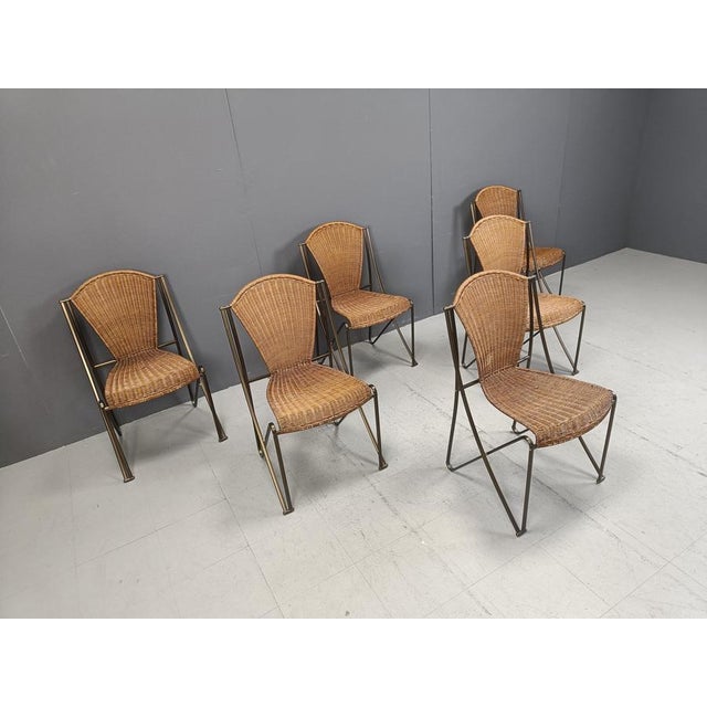 Wood Abanica Chairs in Wicker attributed to Oscar Tusquets for Aleph, 1990s, Set of 6 For Sale - Image 7 of 12