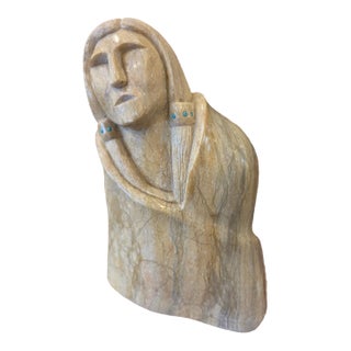 1970s Navajo Carved Ralph SuZO Soapstone With Turquoise Embellishments Native American Indian For Sale