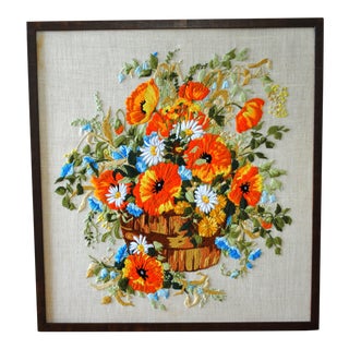 Vintage Mid Century Poppies in a Barrell Crewel Embroidery Textile Art, Framed For Sale