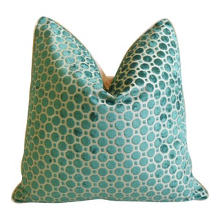 Emerald Green Geometric Modern Contemporary Velvet Feather/Down Pillow 22" Square For Sale