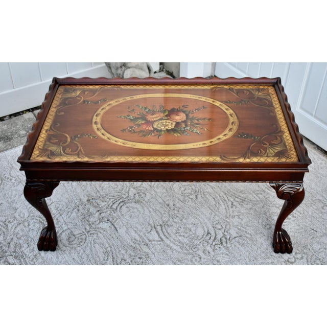 Vintage Carved Mahogany Regency Hand Painted Floral Design TBL W/ Claw Foot For Sale - Image 9 of 12