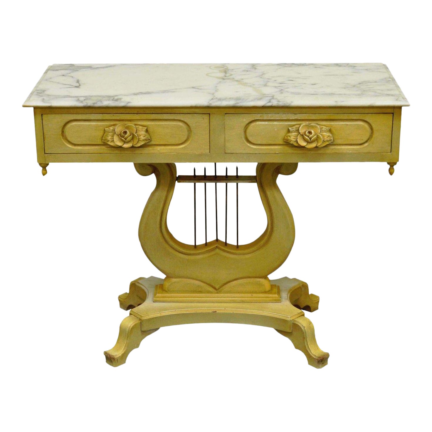 Vintage Victorian Painted Marble Top Lyre Harp Base Console Hall Entry