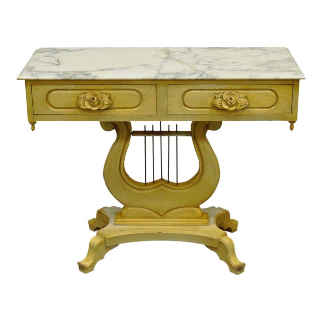 Vintage Victorian Painted Marble Top Lyre Harp Base Console Hall Entry