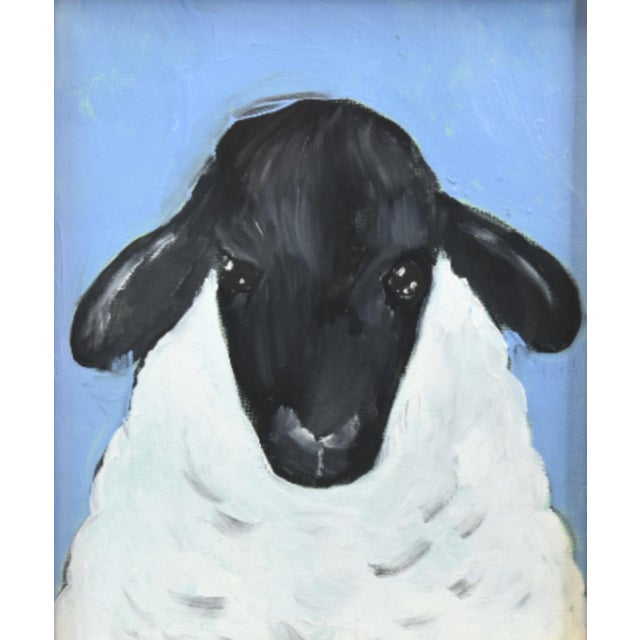Farmhouse Folk Art Farmhouse Woolly Sheep Lamb Oil Painting Including the Antiqued Gold Wood Frame For Sale - Image 3 of 5
