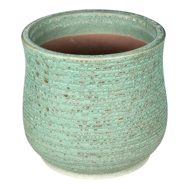 Late 20th Century Ribbed Pottery Planter With Green Volcanic Lava Crater Glaze For Sale
