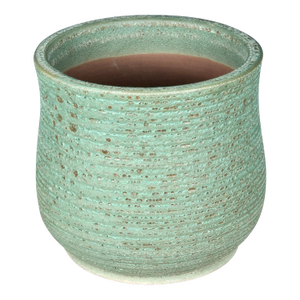 Late 20th Century Ribbed Pottery Planter With Green Volcanic Lava Crater Glaze