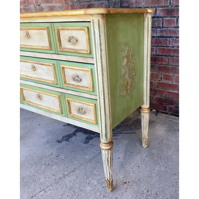 "The Grace" Vintage Swedish Gustavian Louis XVI Style Chest of Drawers - Three Drawer Piece in Soft Green and Cream - Newly Painted For Sale - Image 9 of 15