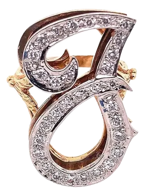 14 Karat Yellow and White Gold Initial Style 'J' Diamond Studded Ring, Size 7
